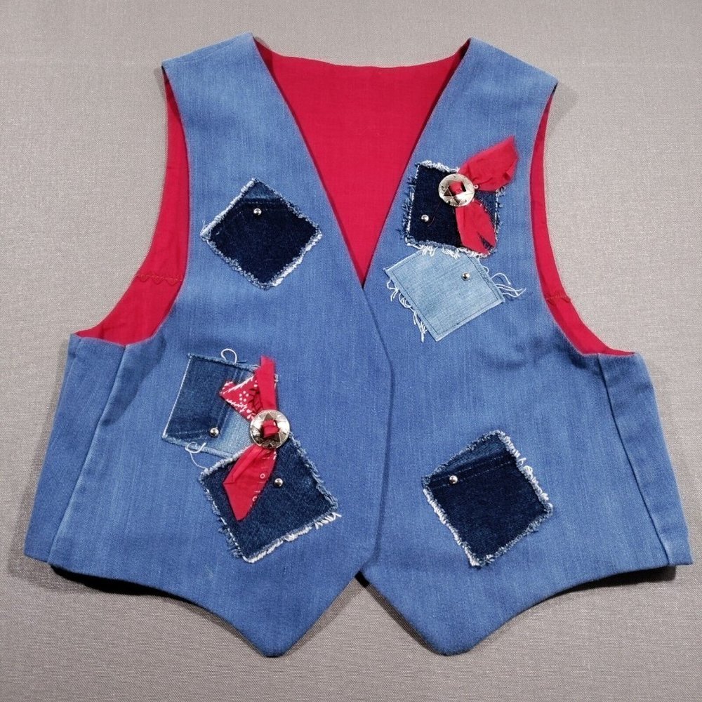 Vtg Handmade Denim Patchwork Vest Large Bandana Print Concho Lined